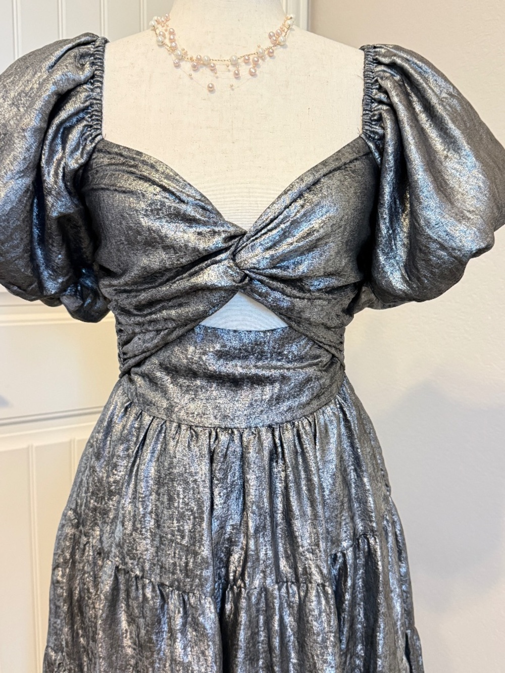 Molly Green Metallic Silver Puff-sleeved Tiered Dress- Size Small